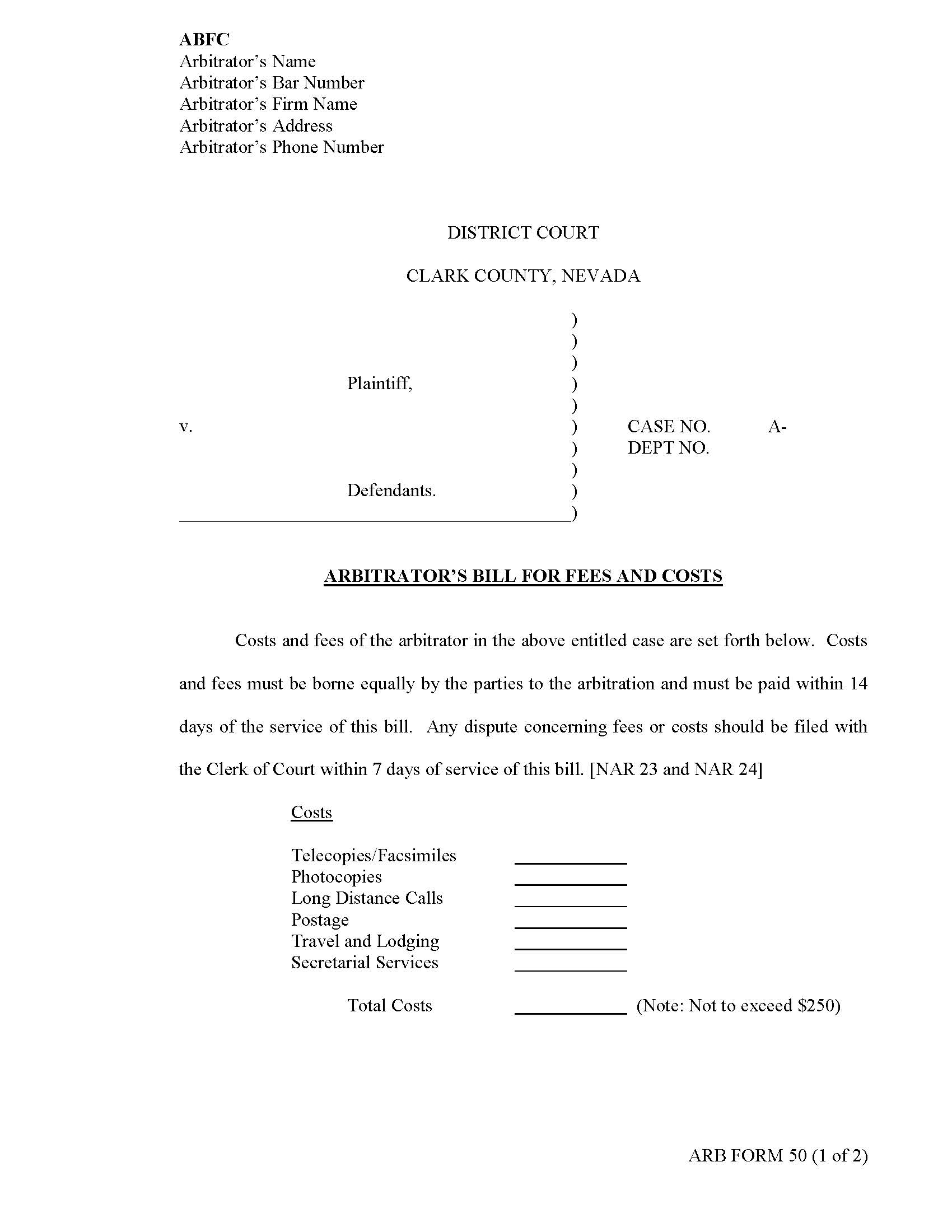 Arbitrators Bill For Fees And Costs {50} | Pdf Fpdf Docx | Nevada