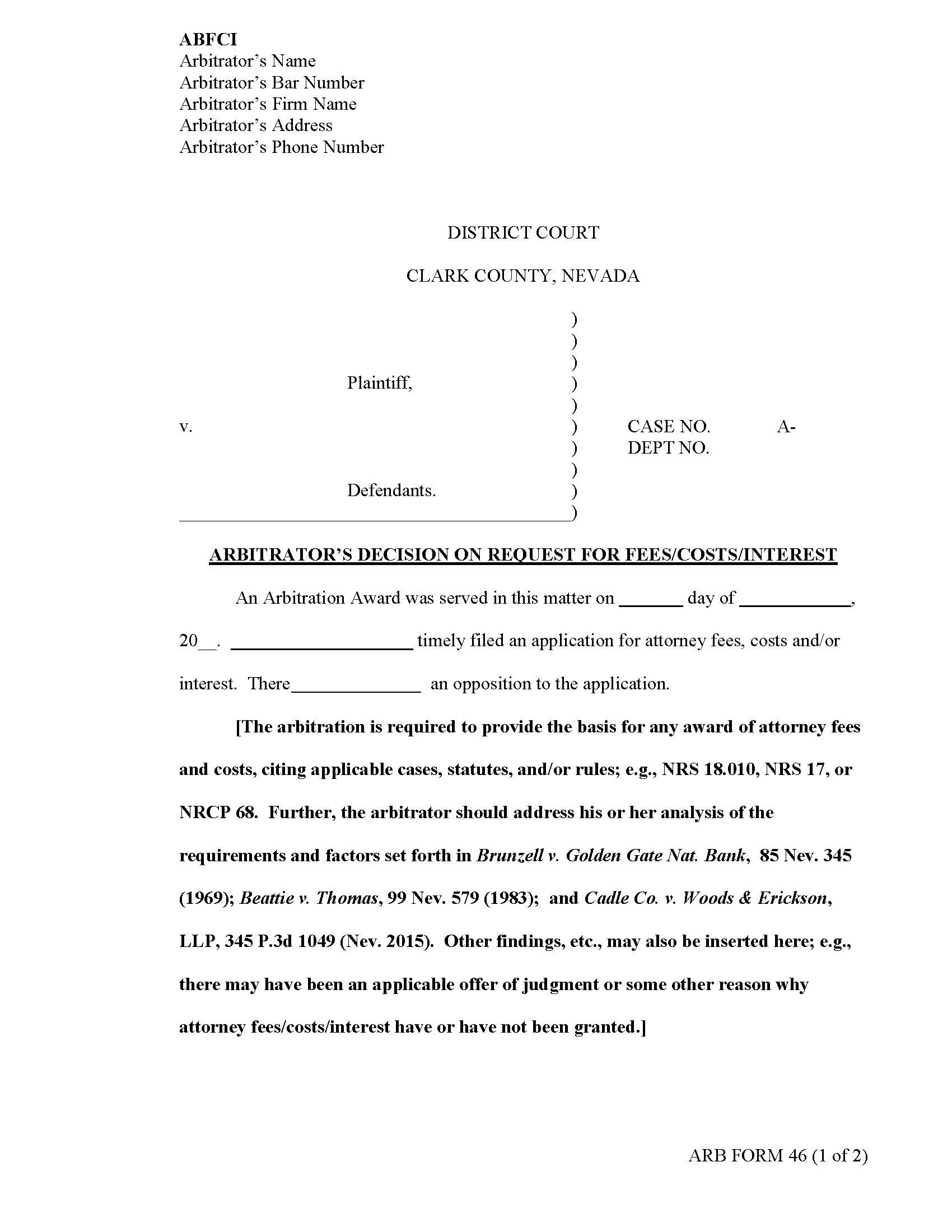 Arbitrators Decision On Request For Fees Costs Interest {46} | Pdf Fpdf Docx | Nevada