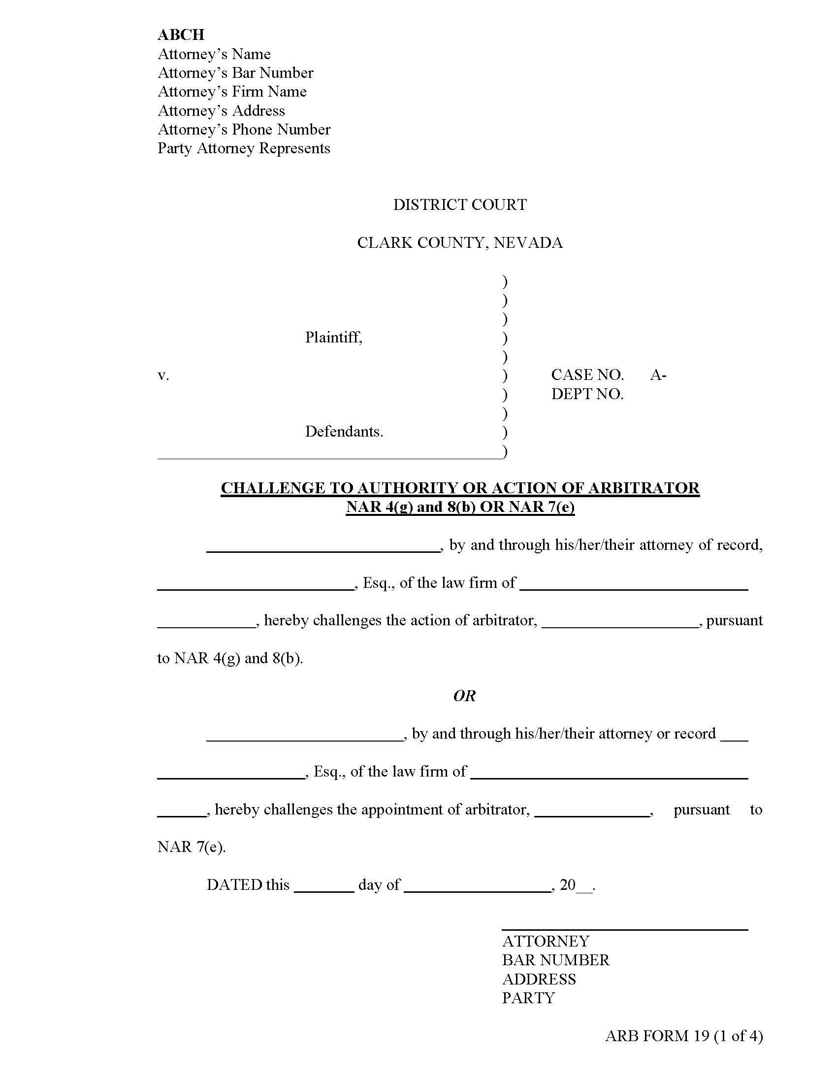 Challenge To Authority Or Action Of Arbitrator {19} | Pdf Fpdf Docx | Nevada
