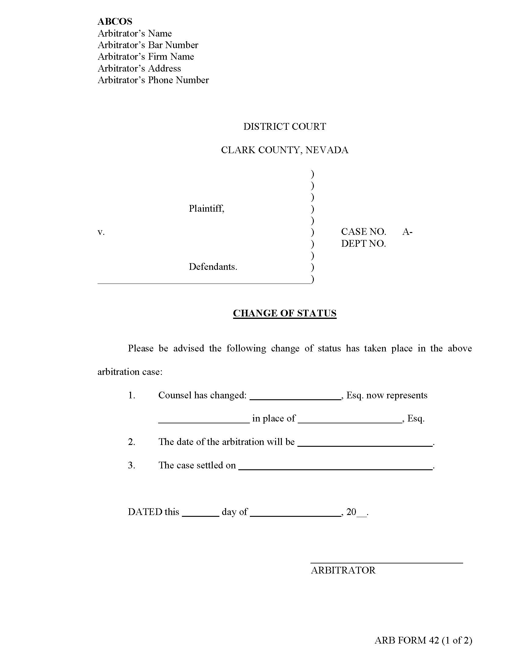 Change Of Status {42} | Pdf Fpdf Docx | Nevada