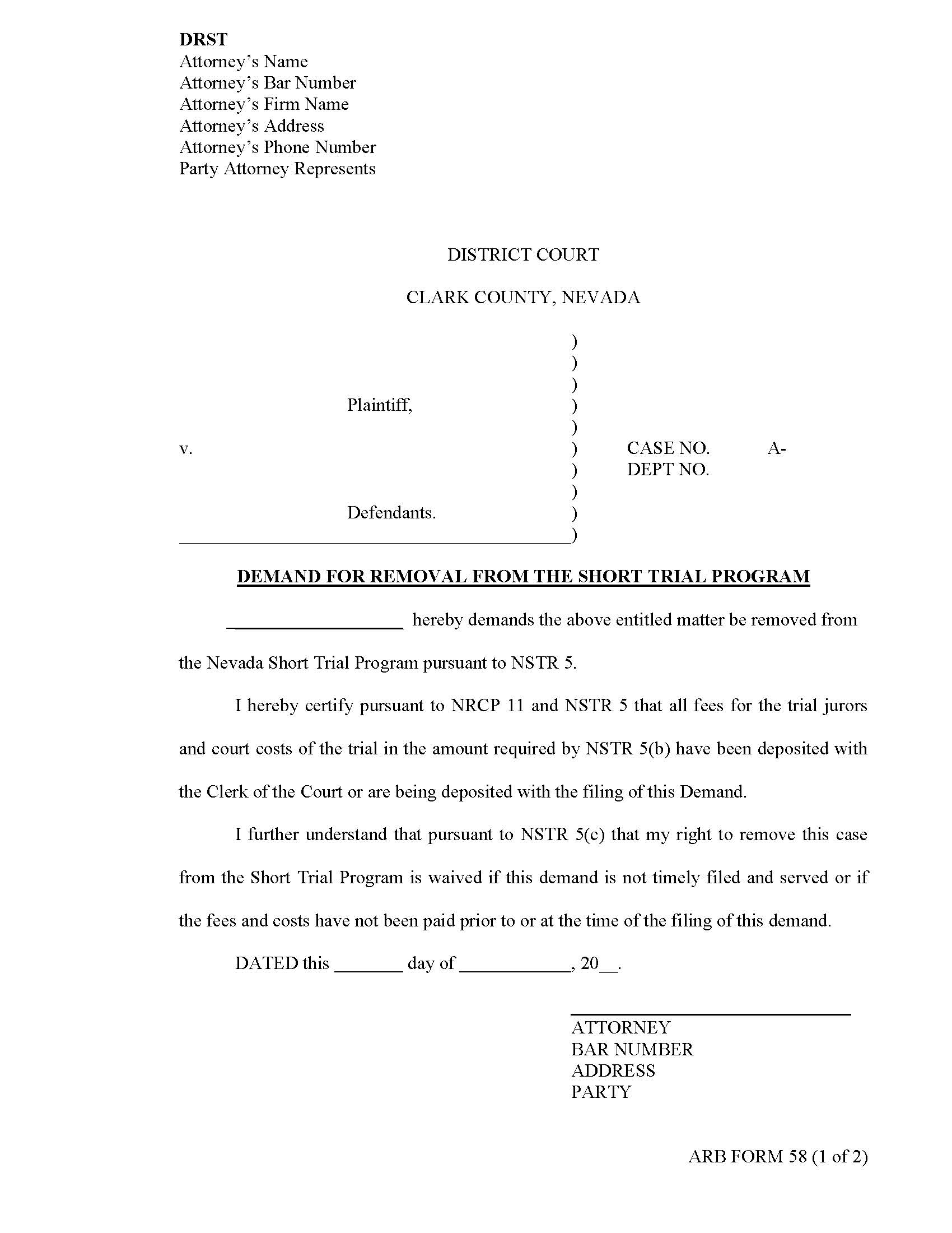 Demand For Removal From The Short Trial Program {58} | Pdf Fpdf Docx | Nevada