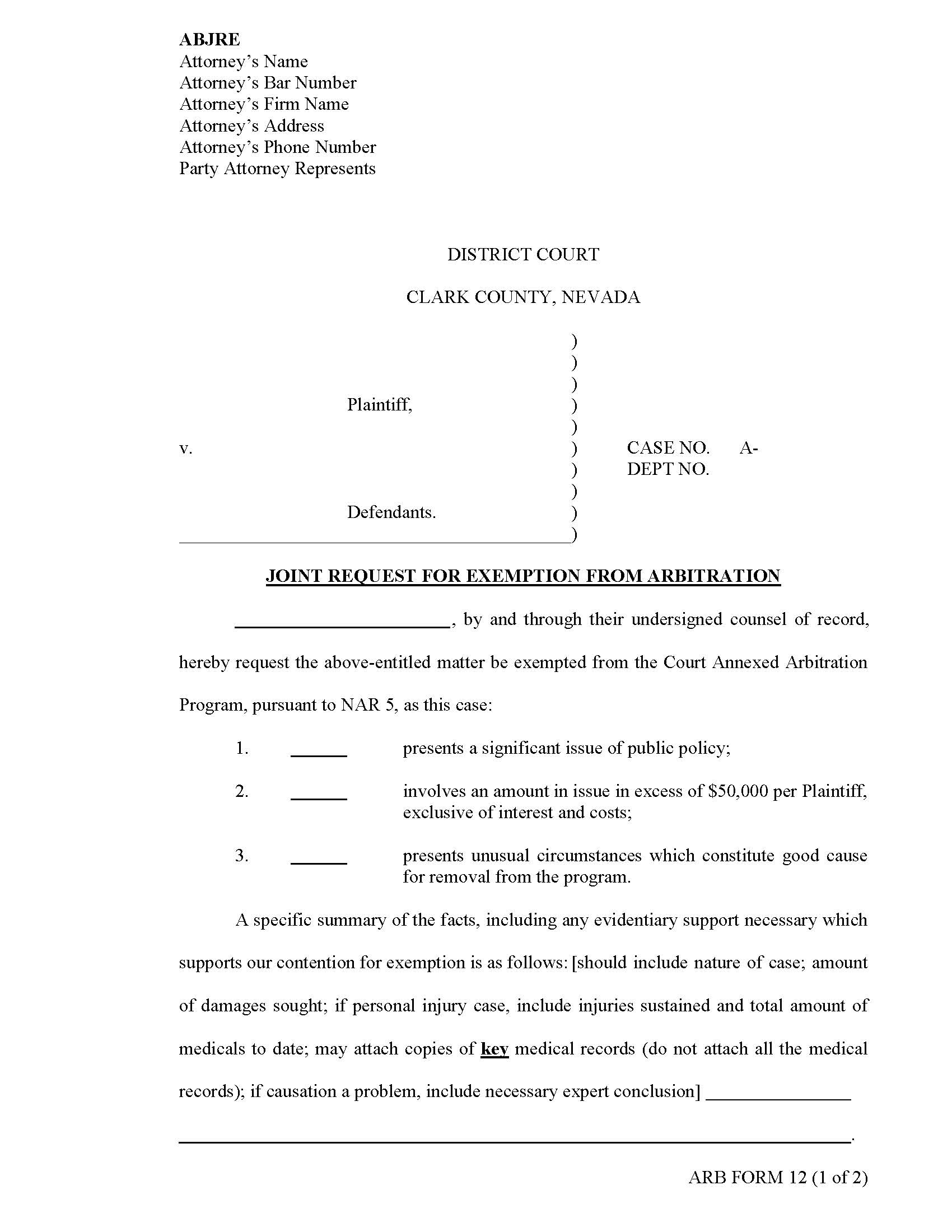 Joint Request For Exemption From Arbitration {12} | Pdf Fpdf Docx | Nevada