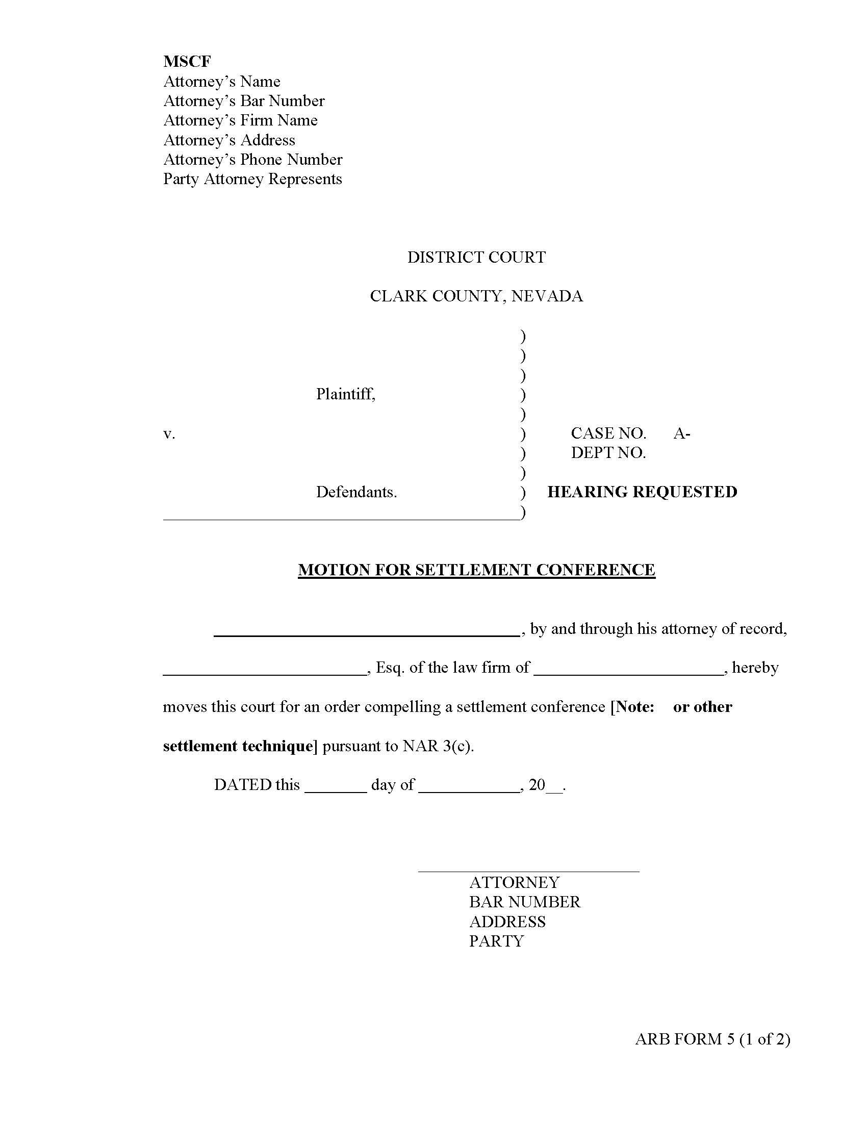 Motion For Settlement Conference {5} | Pdf Fpdf Docx | Nevada