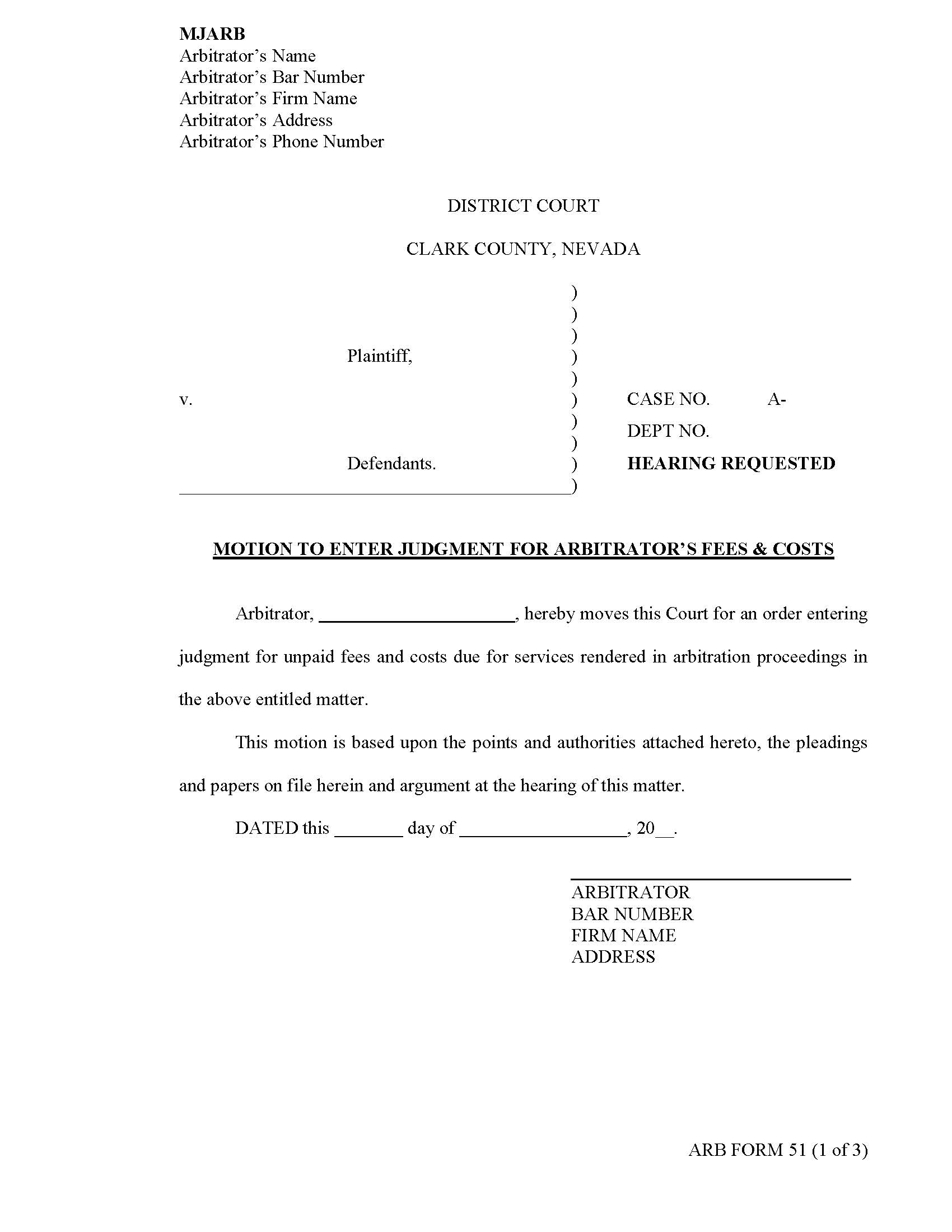 Motion To Enter Judgment For Arbitrators Fees And Costs {51} | Pdf Fpdf Docx | Nevada