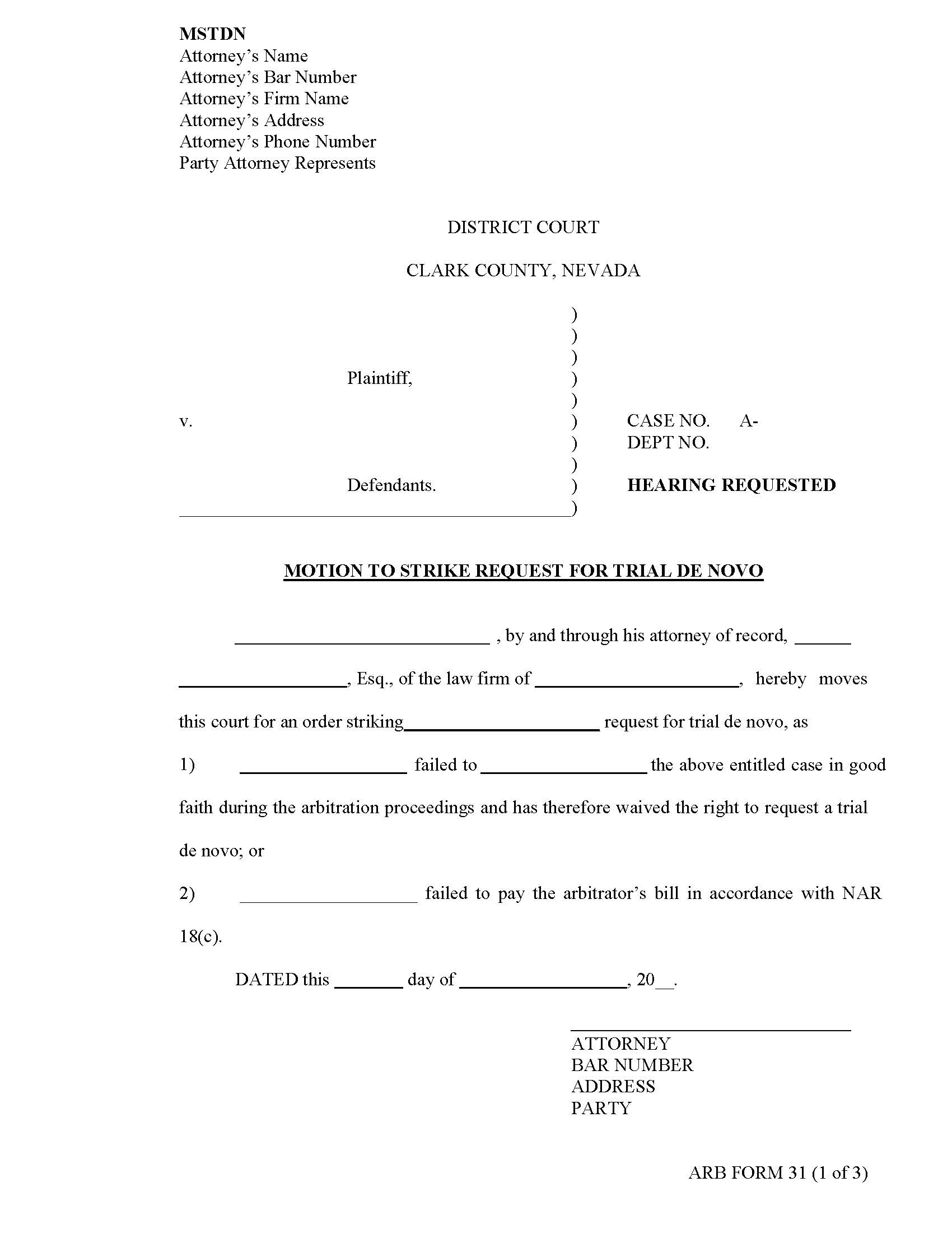 Motion To Strike Request For Trial De Novo {31} | Pdf Fpdf Docx | Nevada
