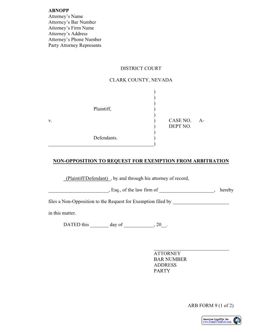Non Opposition To Request For Exemption From Arbitration {9} | Pdf Fpdf Docx | Nevada