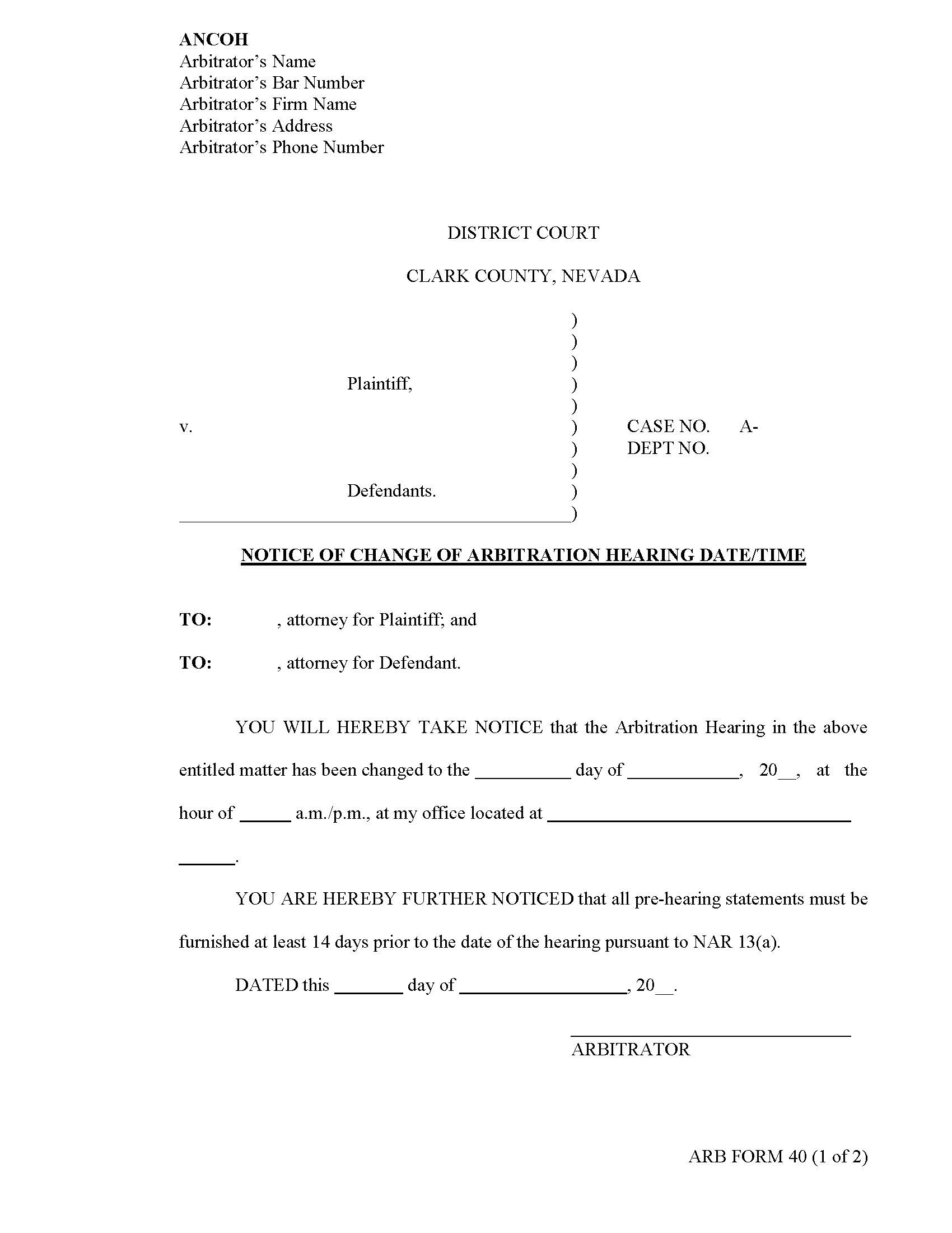 Notice Of Change Of Arbitration Hearing Date {40} | Pdf Fpdf Docx | Nevada
