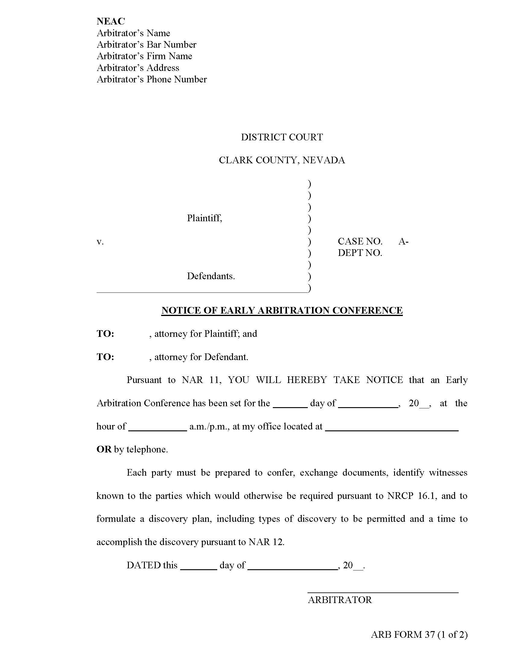 Notice Of Early Arbitration Conference {37} | Pdf Fpdf Docx | Nevada