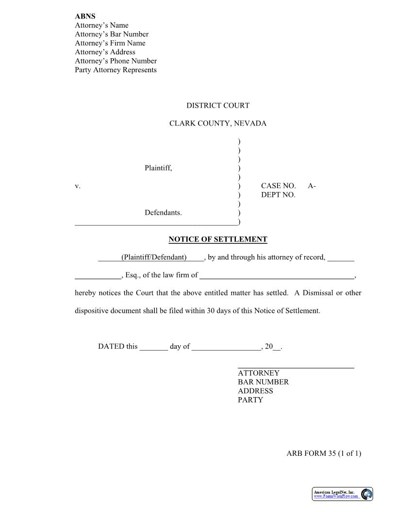 Notice Of Settlement {35} | Pdf Fpdf Docx | Nevada