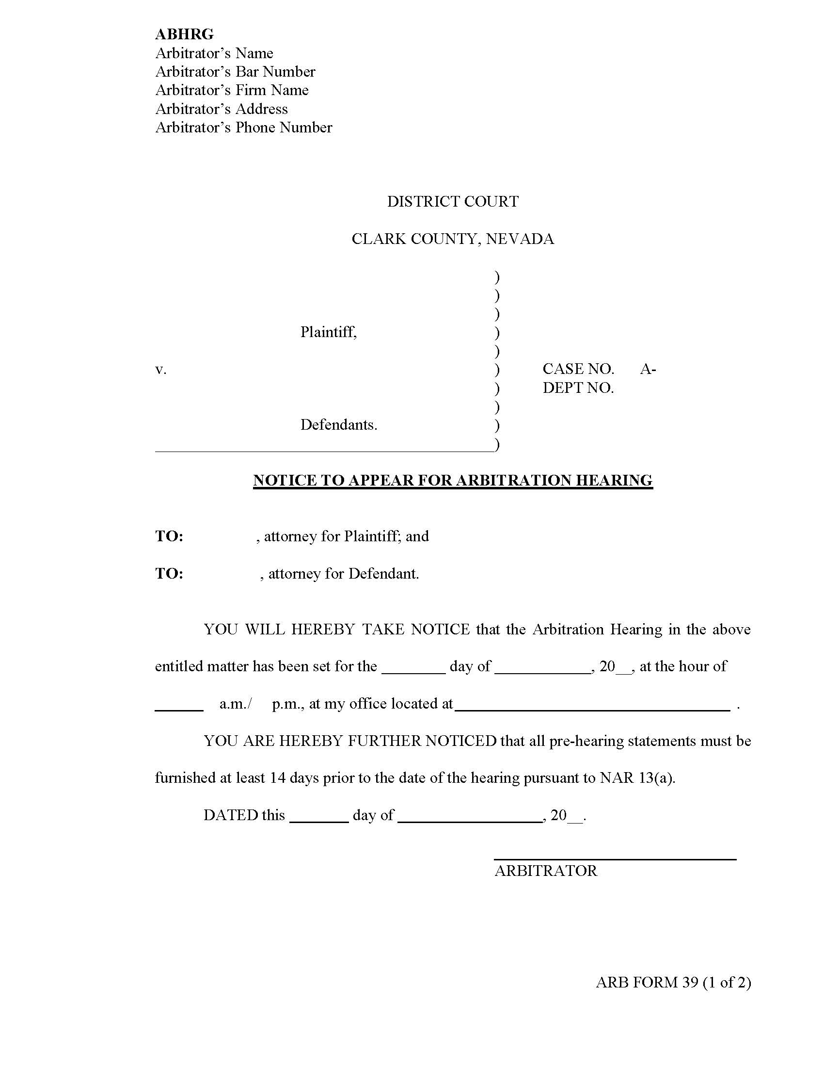 Notice To Appear For Arbitration Hearing {39} | Pdf Fpdf Docx | Nevada