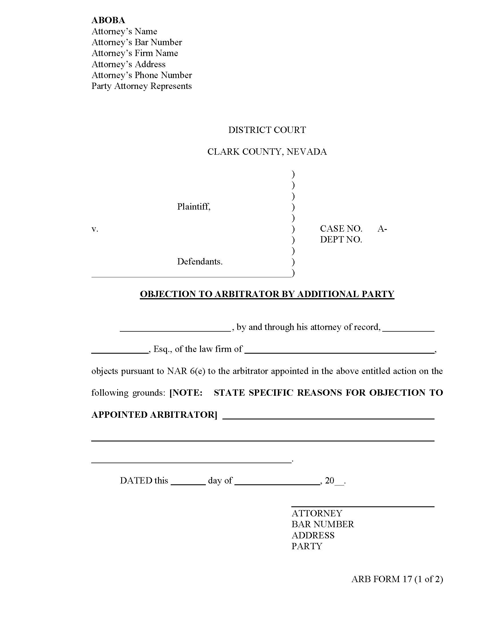 Objection To Arbitrator By Additional Party {17} | Pdf Fpdf Docx | Nevada