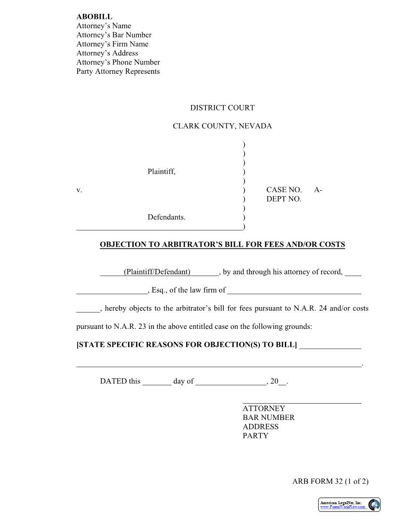 Objection To Arbitrators Bill For Fees {32} | Pdf Fpdf Docx | Nevada