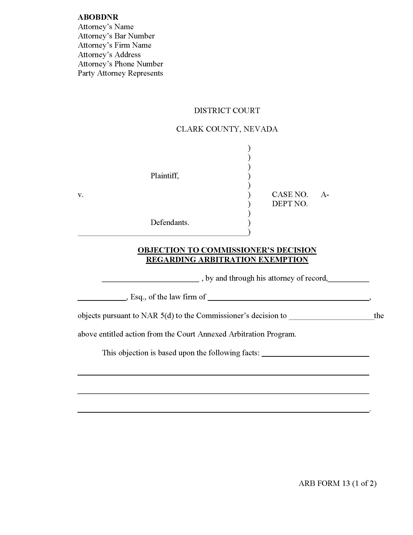 Objection To Commissioners Decision Regarding Arbitration Exemption {13} | Pdf Fpdf Docx | Nevada