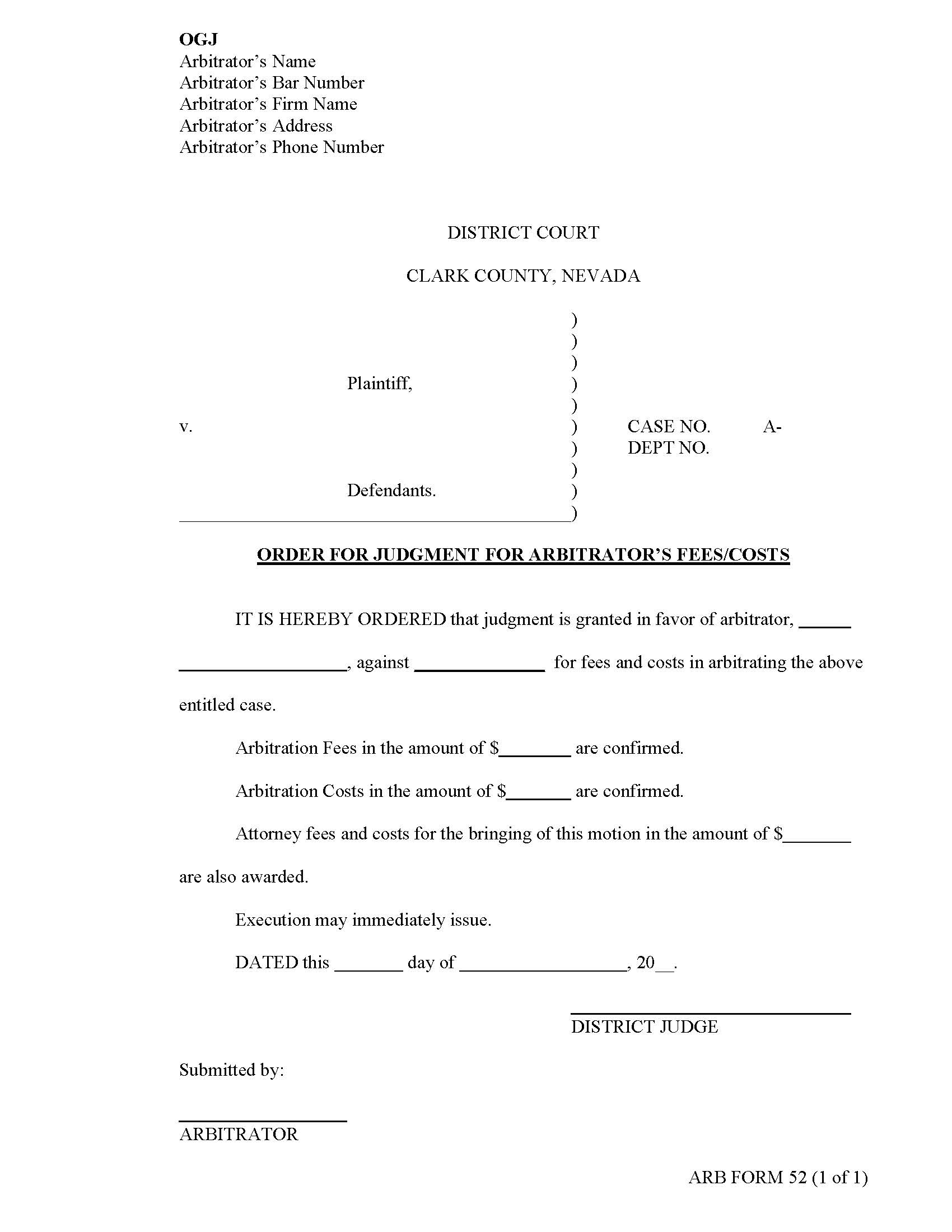 Order For Judgment For Arbitrators Fees Costs {52} | Pdf Fpdf Docx | Nevada