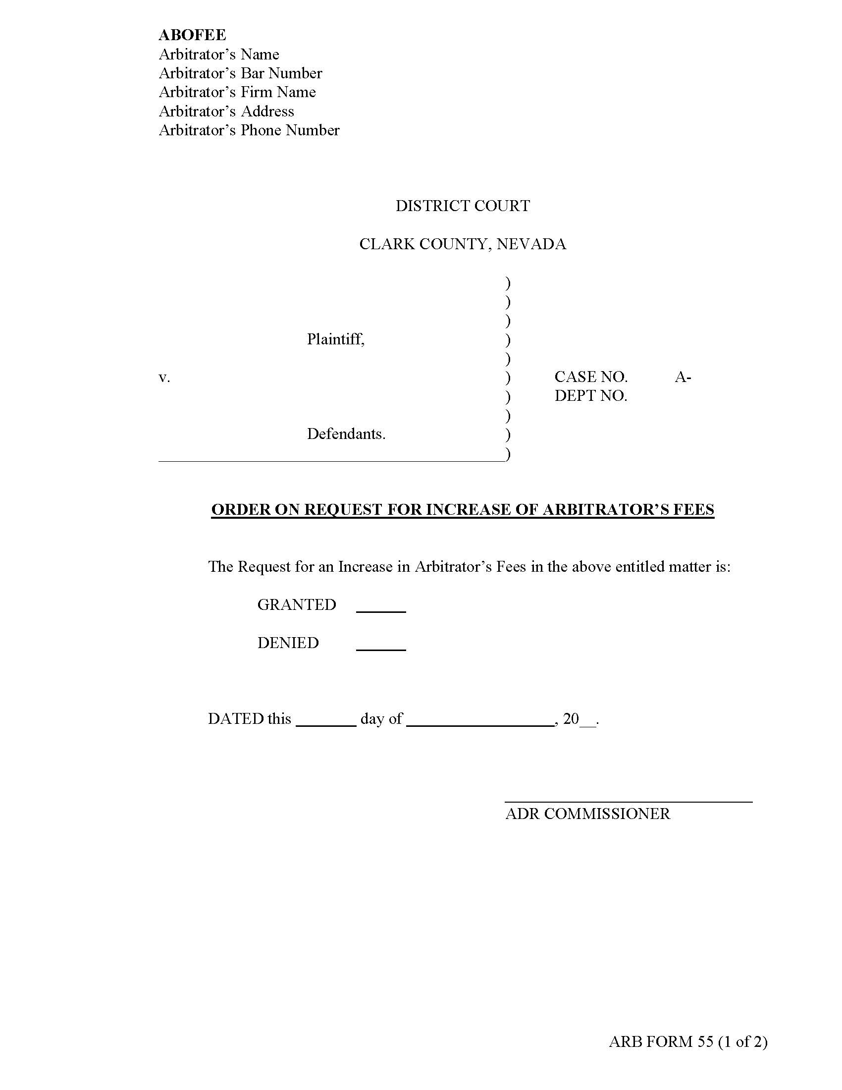 Order On Request For Increase Of Arbitrators Fees {55} | Pdf Fpdf Docx | Nevada
