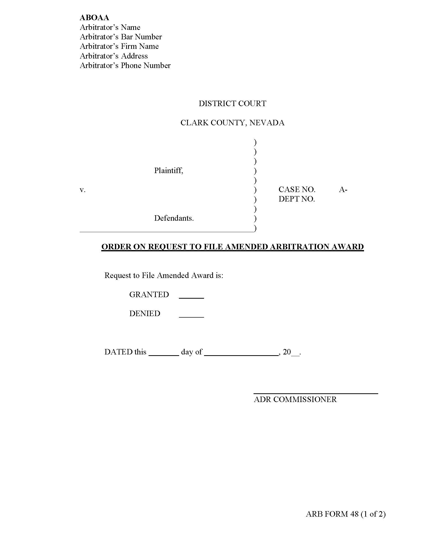 Order On Request To FIle Amended Arbitration Award {48} | Pdf Fpdf Docx | Nevada