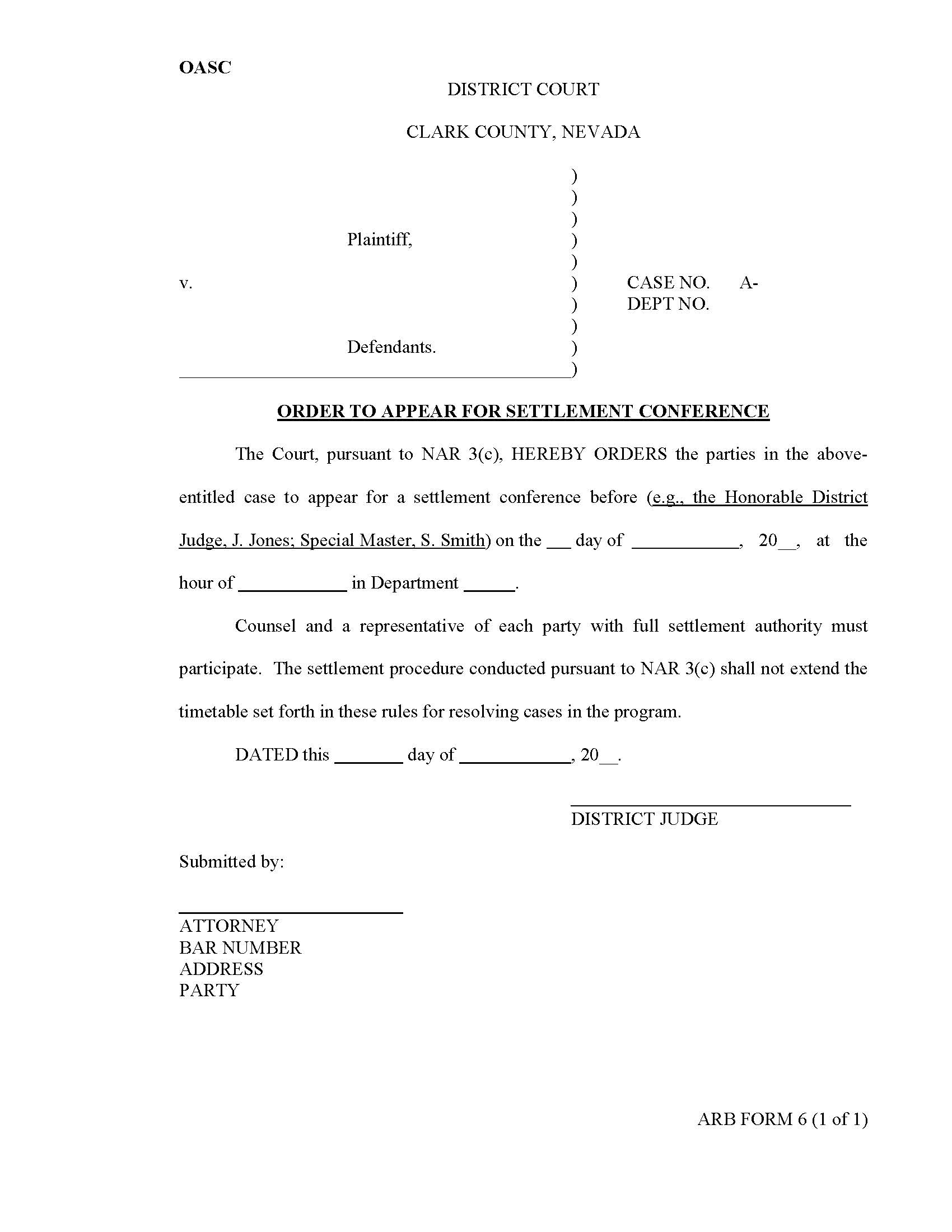 Order To Appear For Settlement Conference {6} | Pdf Fpdf Docx | Nevada