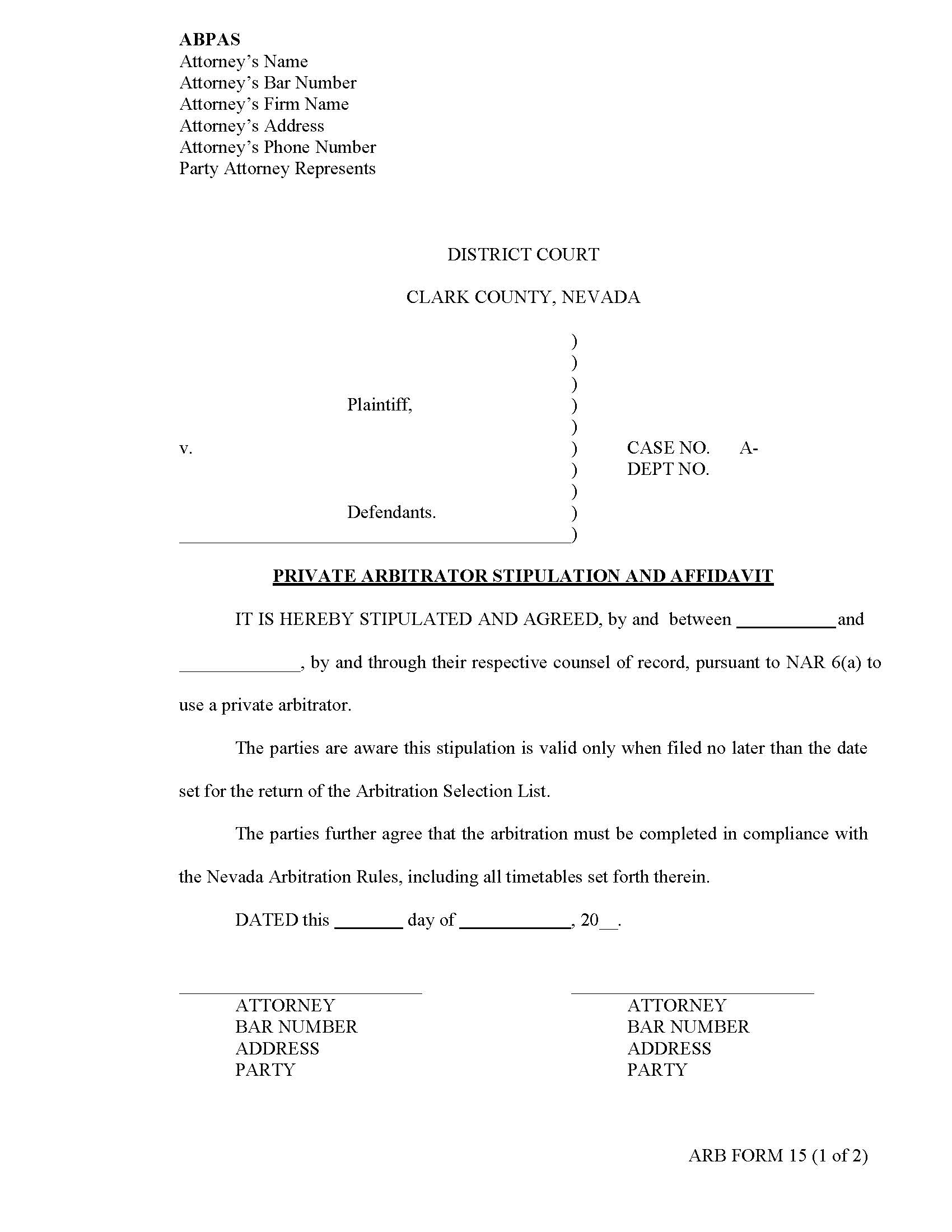 Private Arbitrator Stipulation And Affidavit {15} | Pdf Fpdf Docx | Nevada