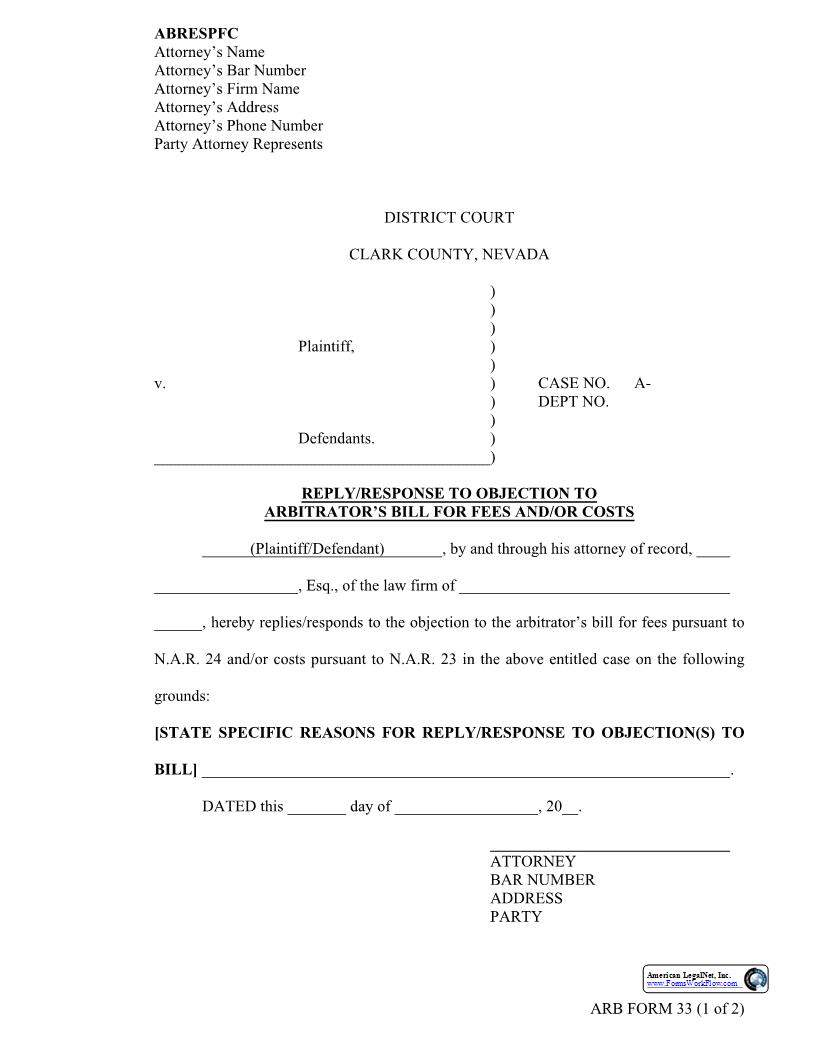 Reply To Objection To Arbitrators Bill For Fees {33} | Pdf Fpdf Docx | Nevada