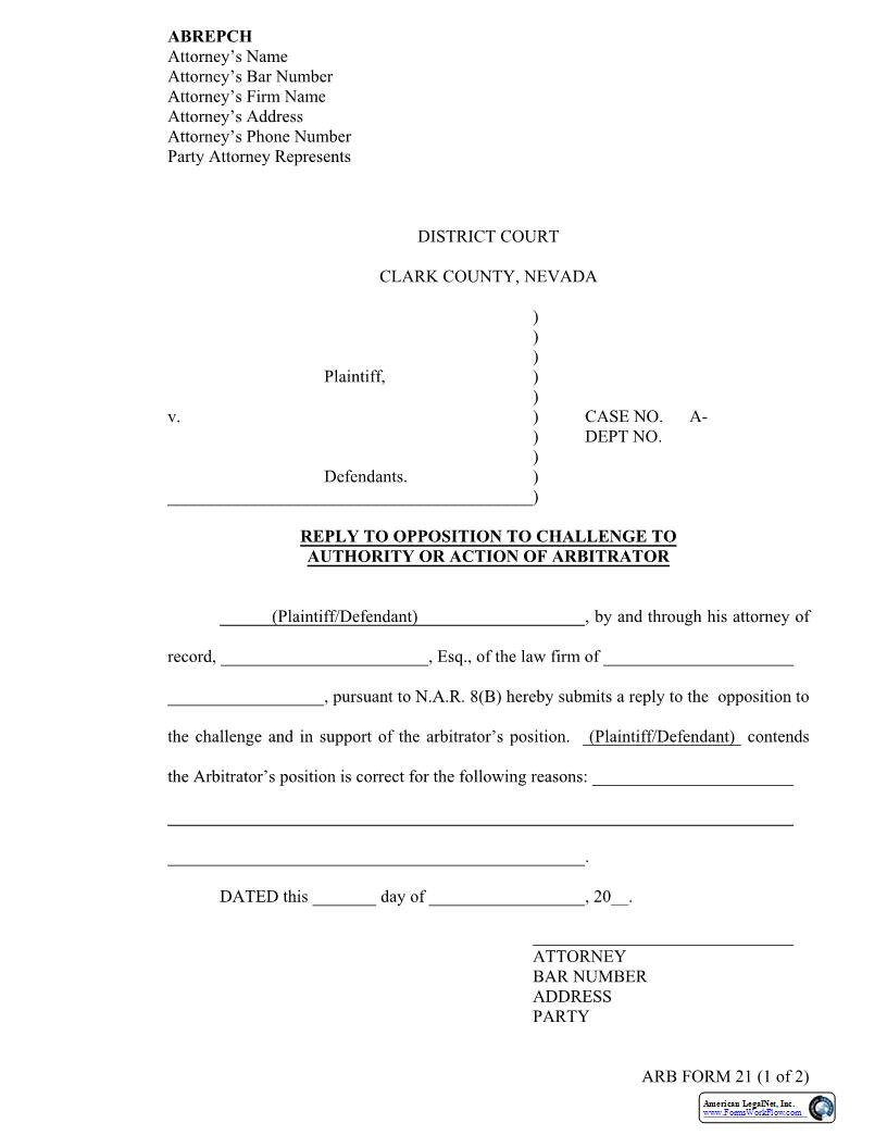 Reply To Opposition To Request For Exemption From Arbitration {10} | Pdf Fpdf Docx | Nevada