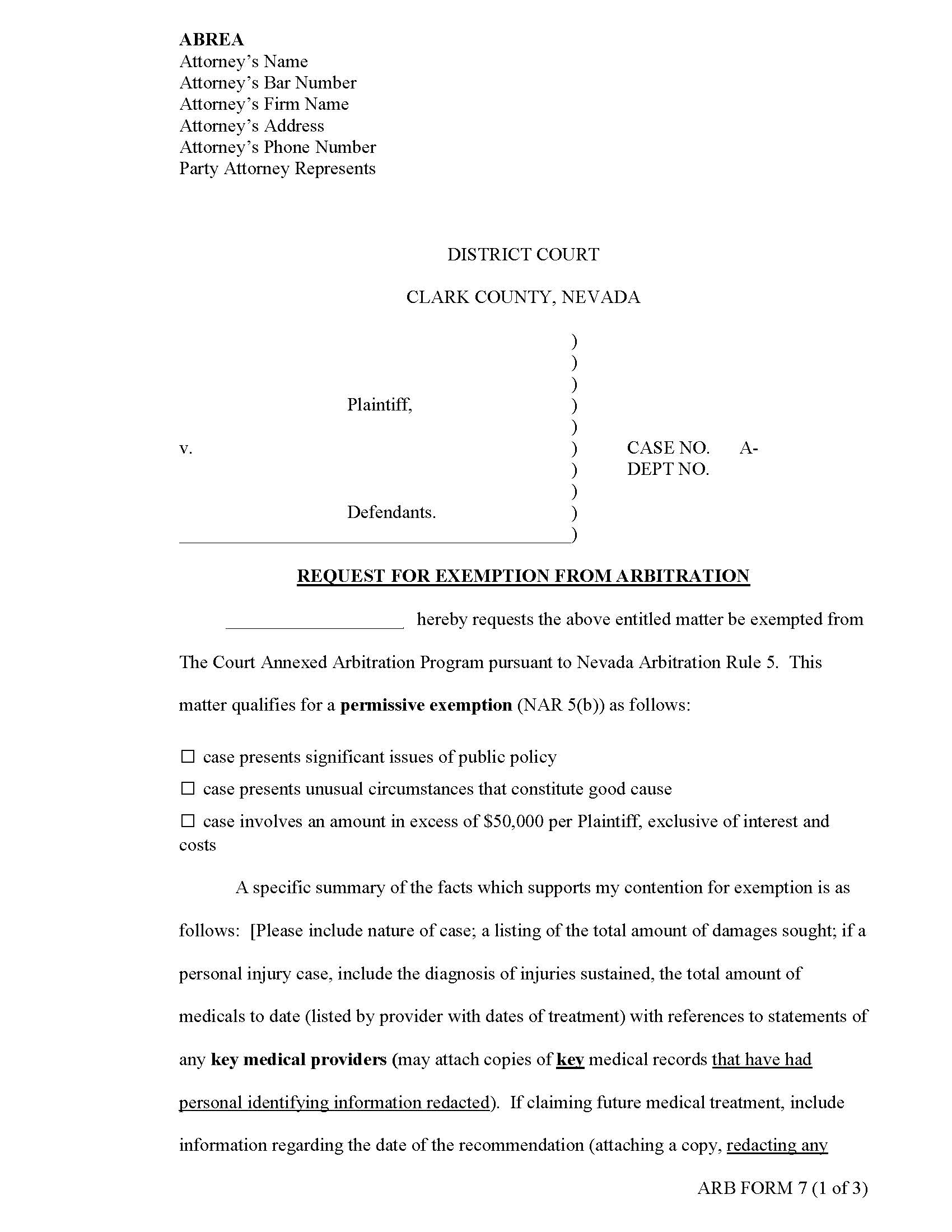 Request For Exemption From Arbitration {7} | Pdf Fpdf Docx | Nevada