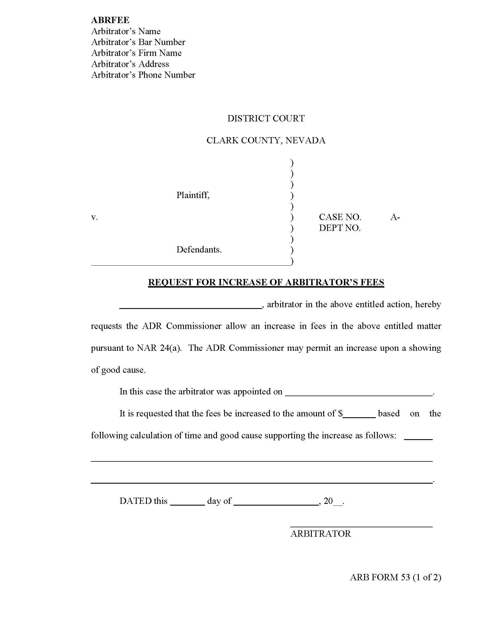Request For Increase Of Arbitrators Fees {53} | Pdf Fpdf Docx | Nevada