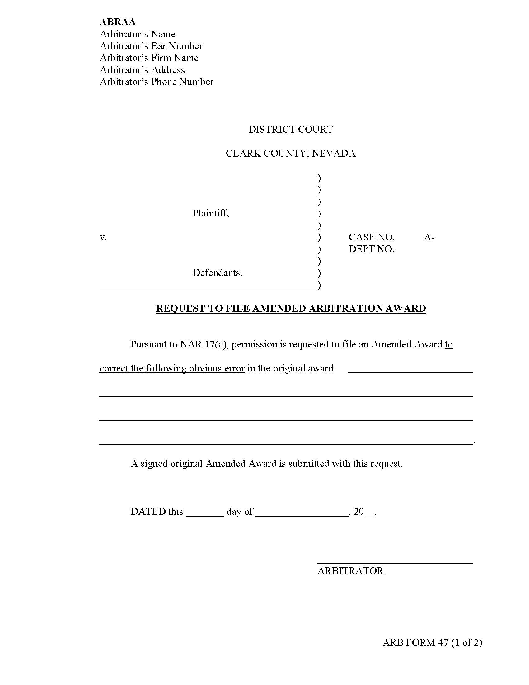 Request To FIle Amended Arbitration Award {47} | Pdf Fpdf Docx | Nevada