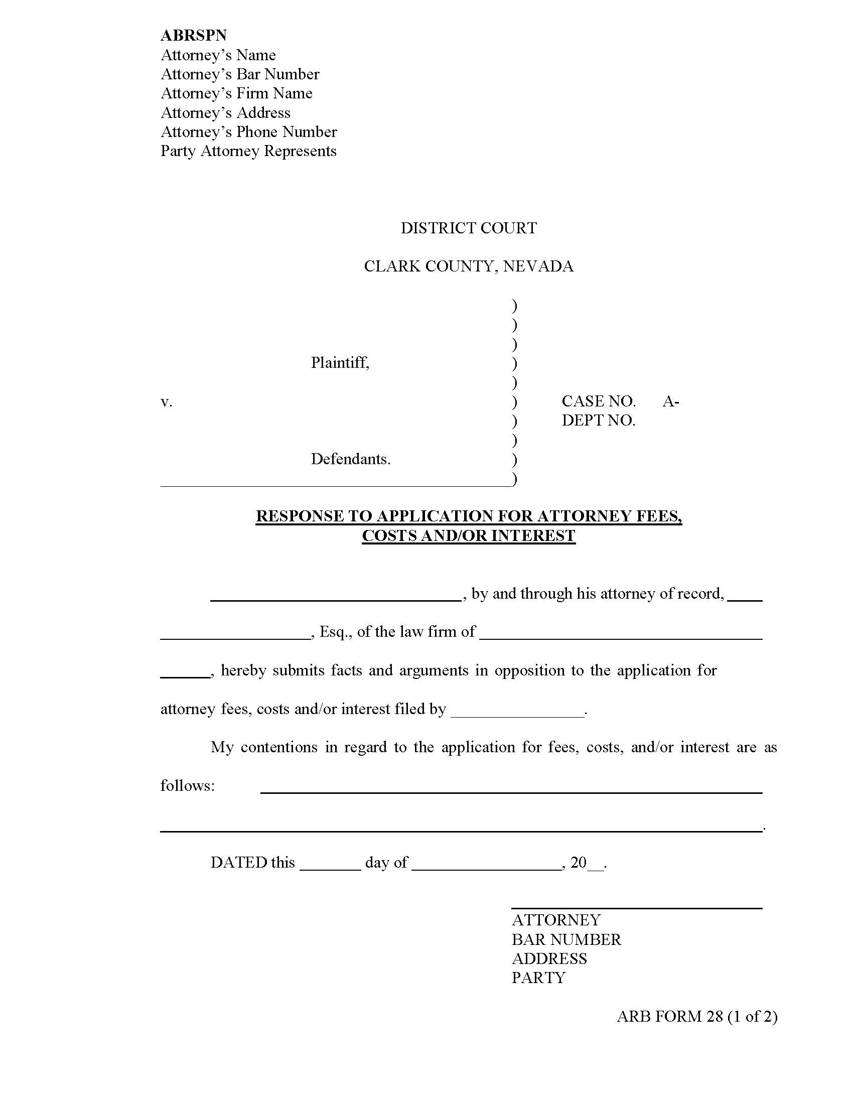 Response To Application For Attorneys Fees {28} | Pdf Fpdf Docx | Nevada