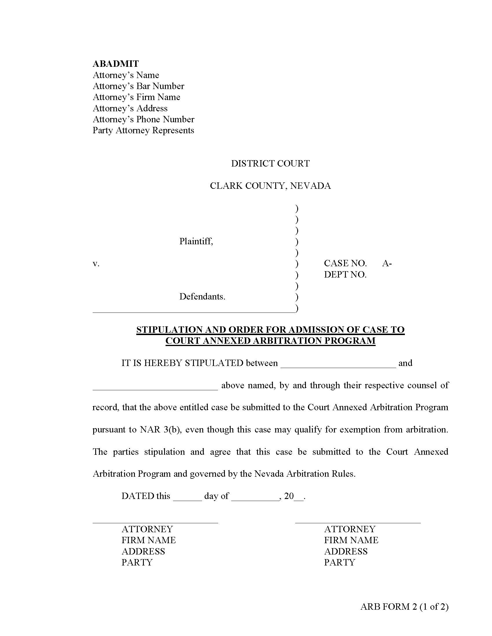 Stipulation And Order For Admission Of Case To Arbitration Program {2} | Pdf Fpdf Docx | Nevada