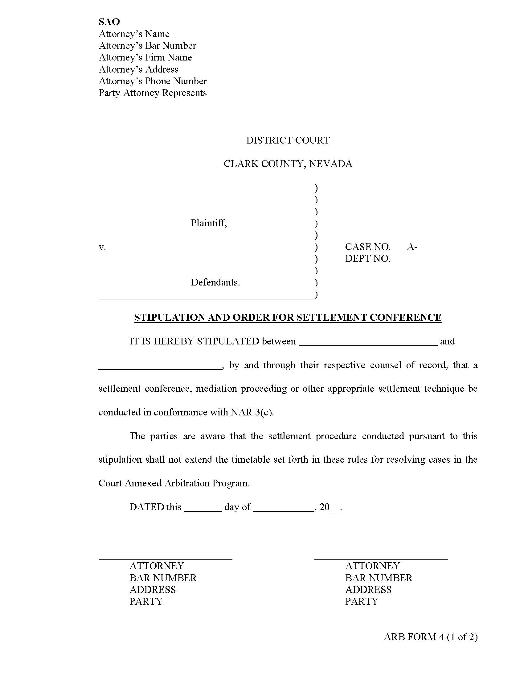 Stipulation And Order For Settlement Conference {4} | Pdf Fpdf Docx | Nevada