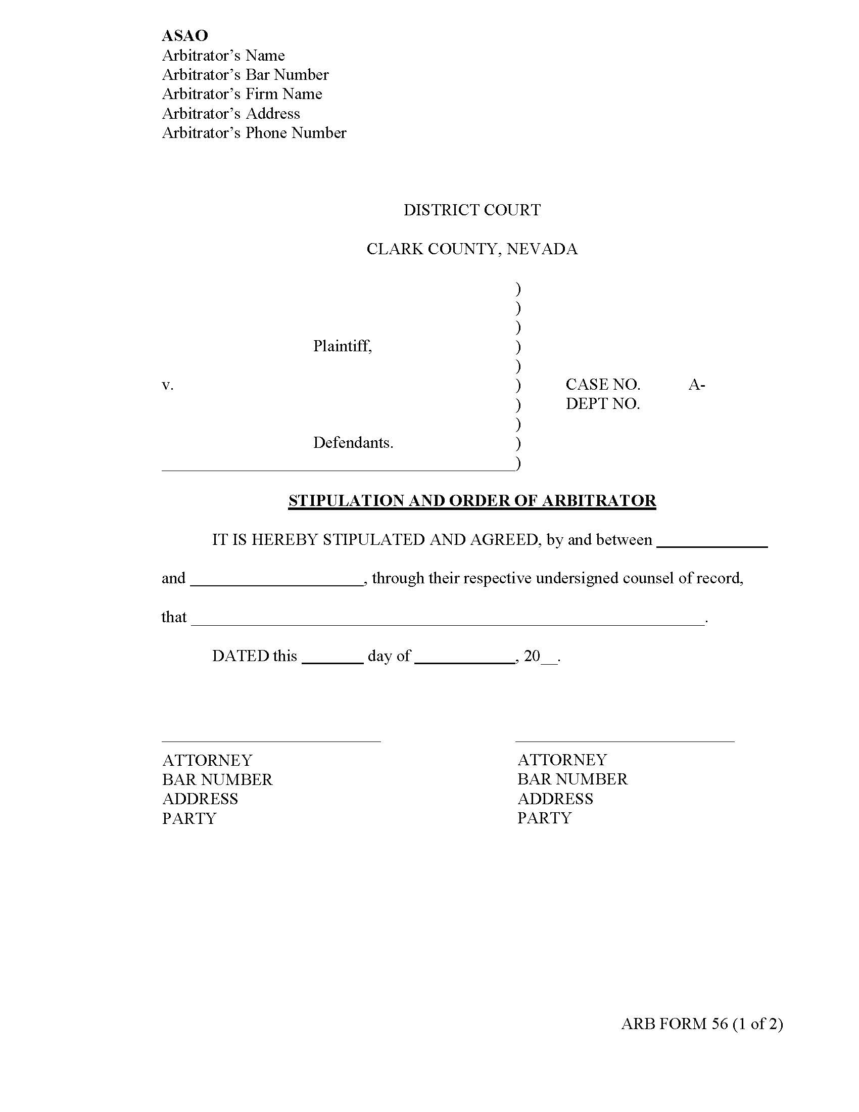 Stipulation And Order Of Arbitrator {56) | Pdf Fpdf Docx | Nevada