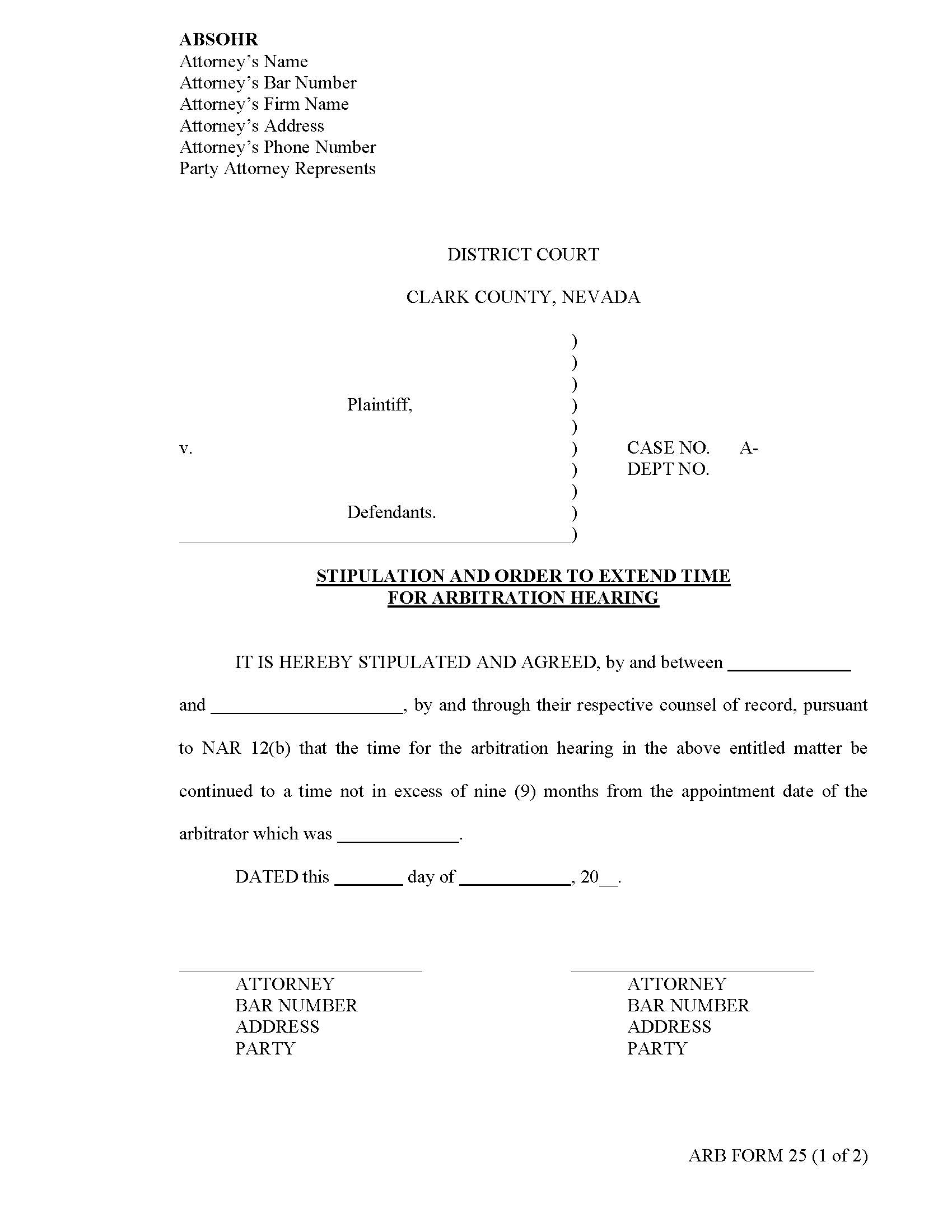 Stipulation And Order To Extend Time For Arbitration Hearing {25} | Pdf Fpdf Docx | Nevada