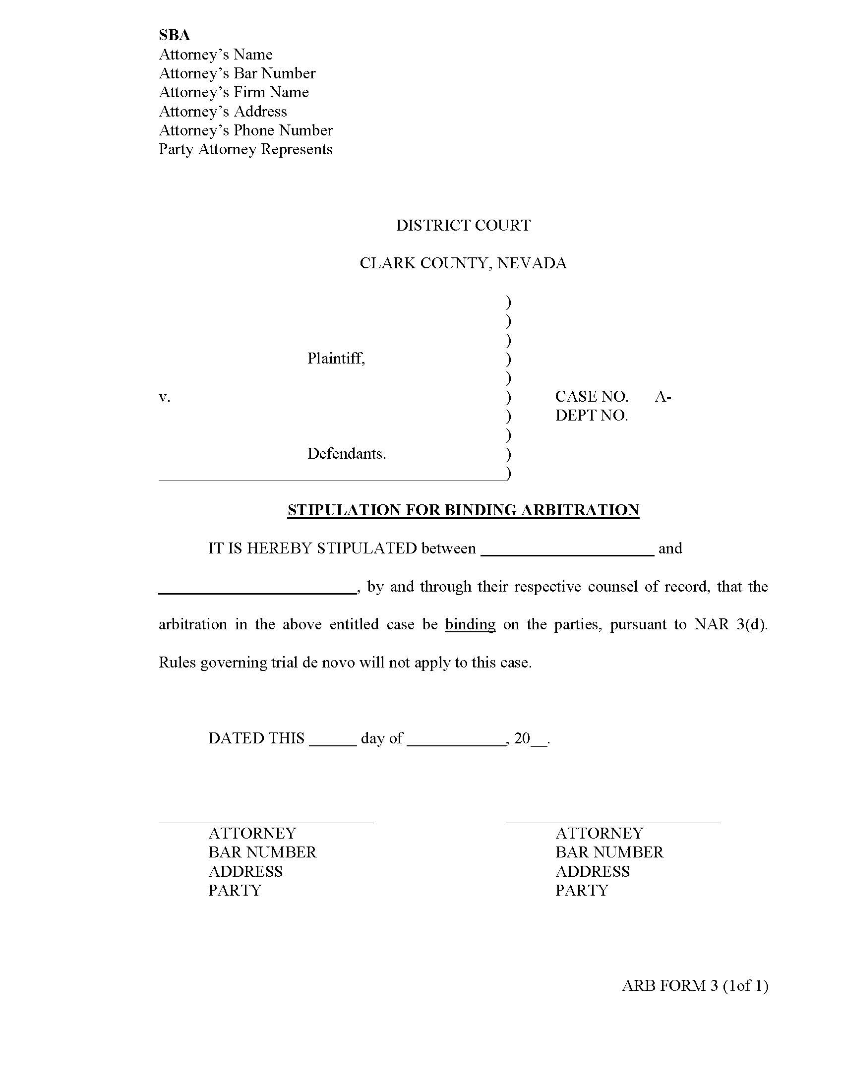 Stipulation For Binding Arbitration {3} | Pdf Fpdf Docx | Nevada