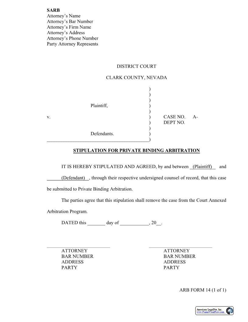 Stipulation For Private Binding Arbitration {14} | Pdf Fpdf Docx | Nevada