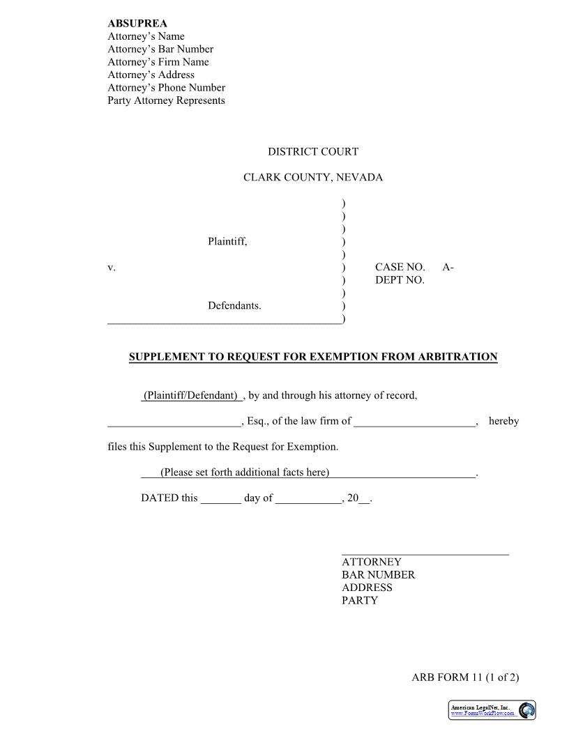 Supplement To Request For Exemption From Arbitration {11} | Pdf Fpdf Docx | Nevada