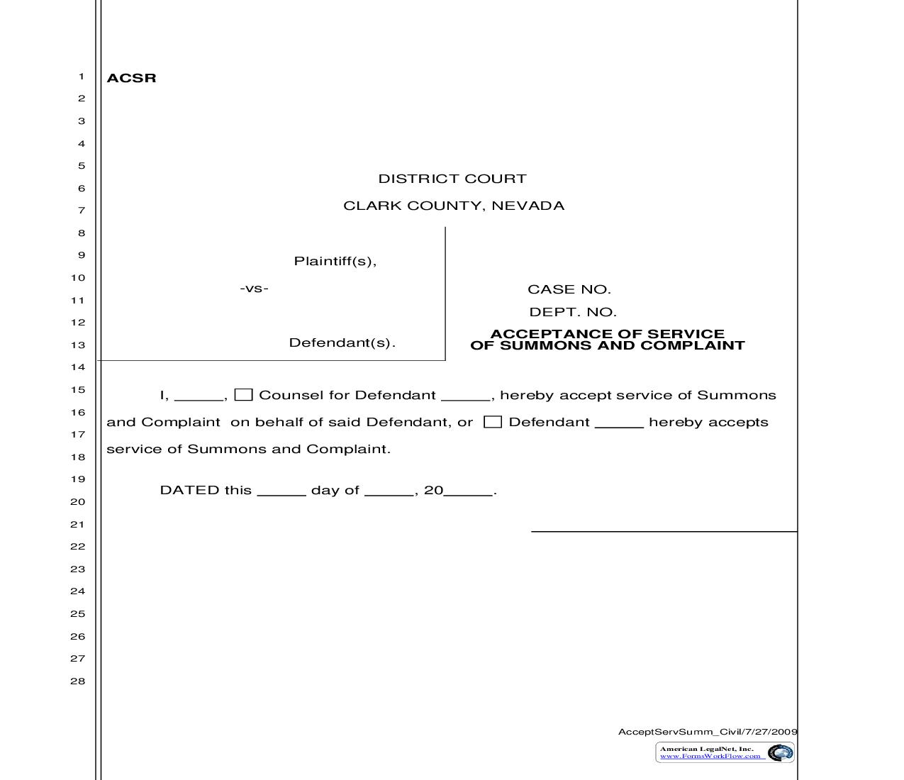 Acceptance Of Service Of Summons And Complaint {ACSR} | Pdf Fpdf Doc Docx | Nevada