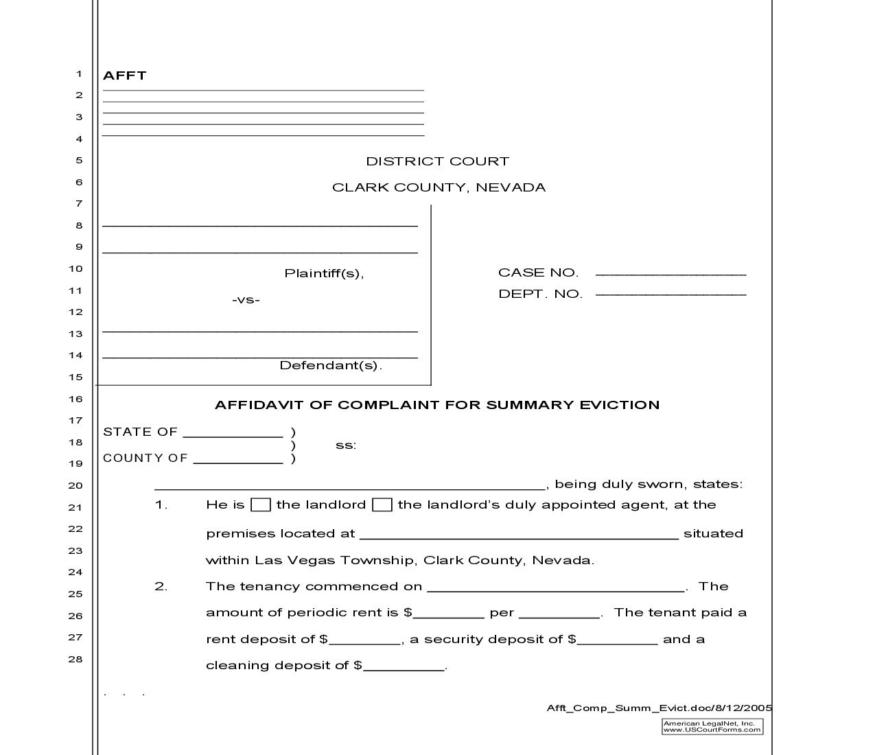 Afffidavit Of Complaint For Summary Eviction | Pdf Fpdf Doc Docx | Nevada