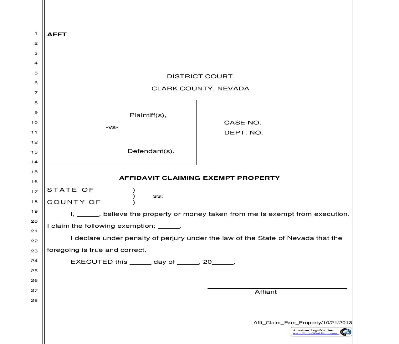 Affidavit Claiming Exempt Property {AFFT} | Pdf Fpdf Doc Docx | Nevada