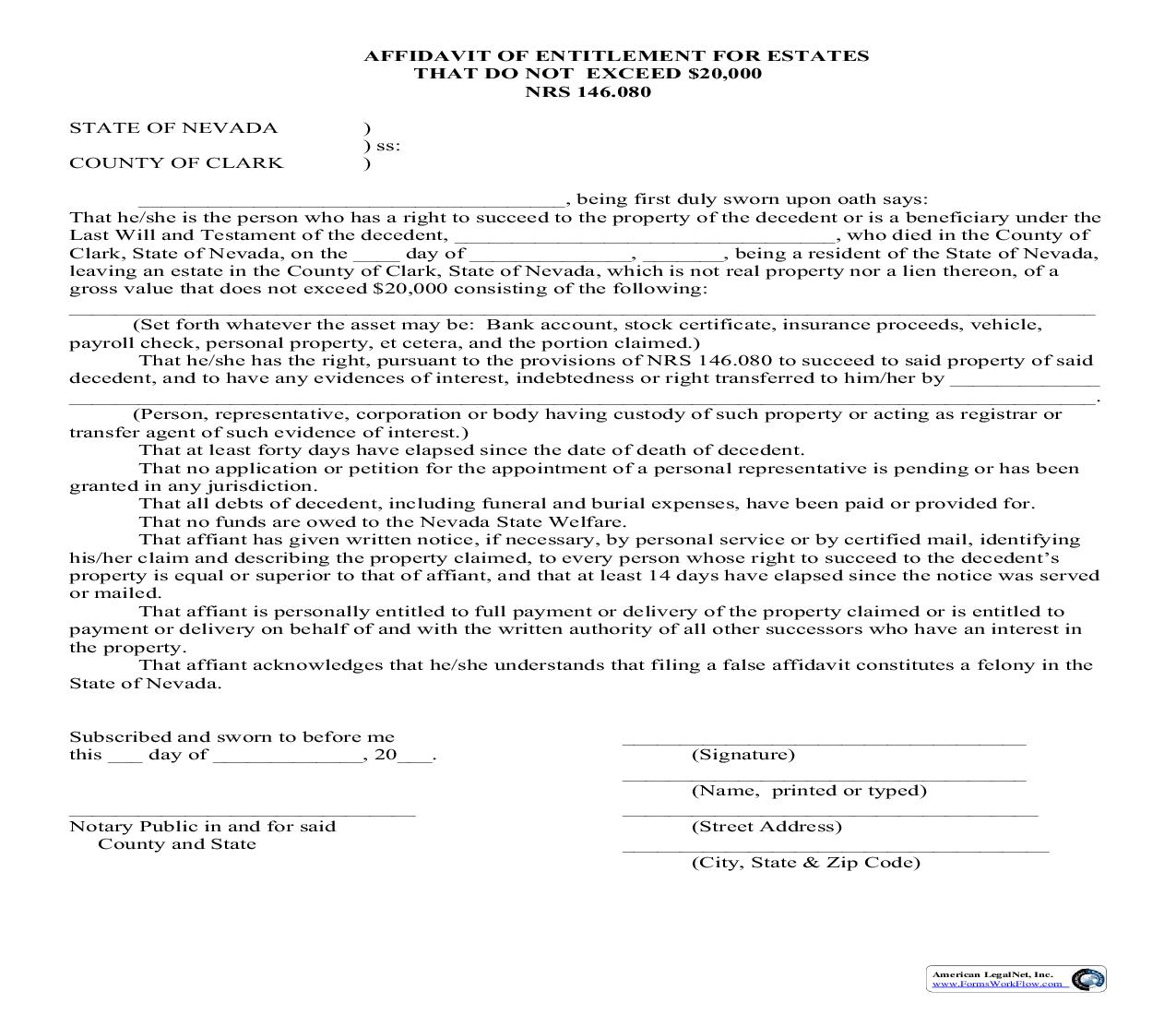 Affidavit Of Entitlement For Estates That Do Not Exceed $20,000 | Pdf Fpdf Doc Docx | Nevada