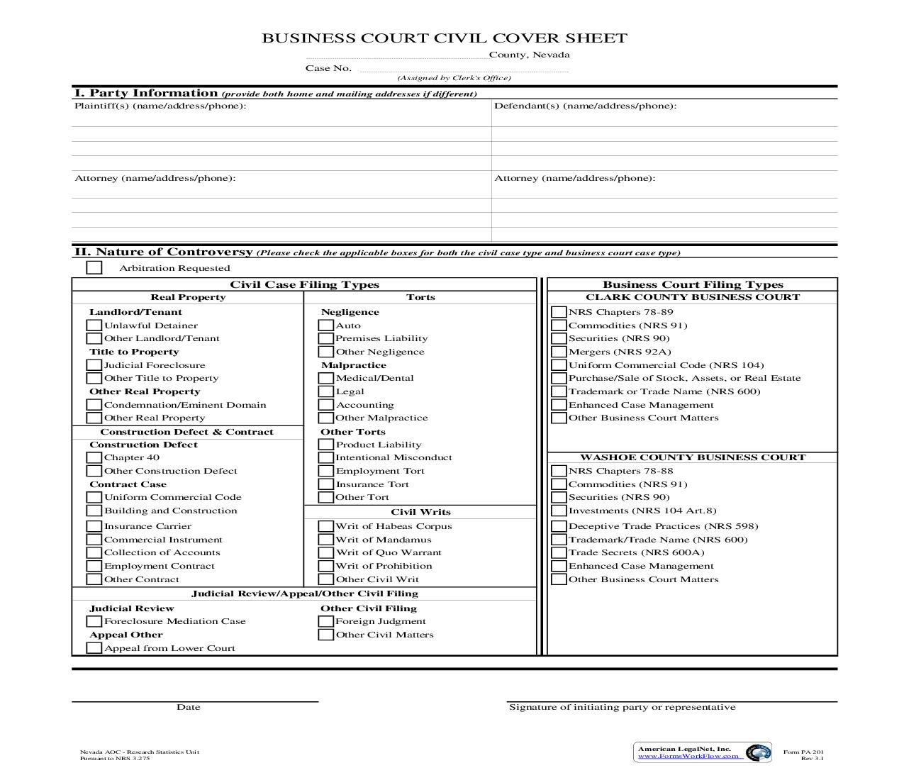 Business Court Civil Cover Sheet | Pdf Fpdf Doc Docx | Nevada