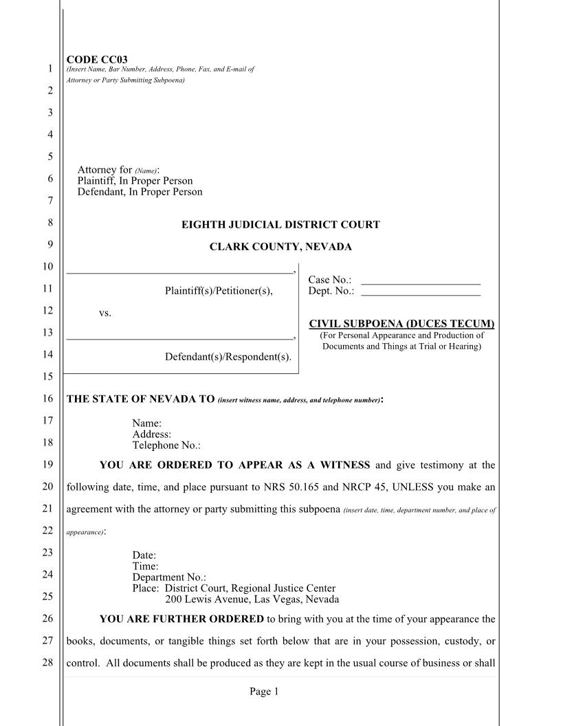 Civil Subpoena (Duces Tecum) | Pdf Fpdf Docx | Nevada