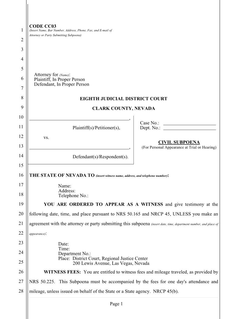 Civil Subpoena | Pdf Fpdf Docx | Nevada