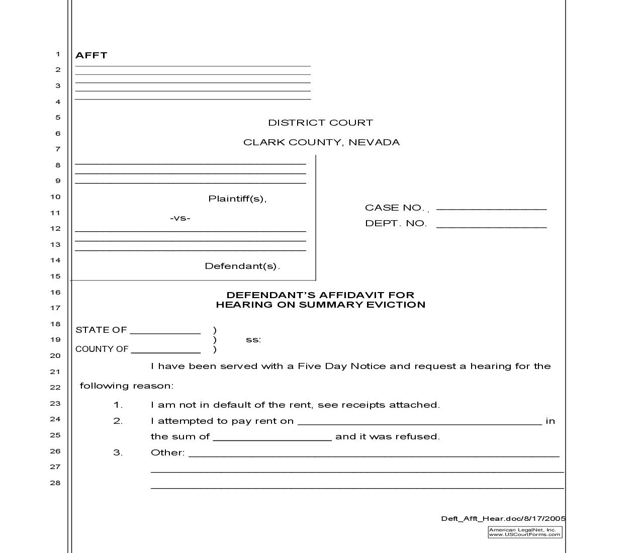 Defendants Affidavit For Hearing On Summary Eviction | Pdf Fpdf Doc Docx | Nevada