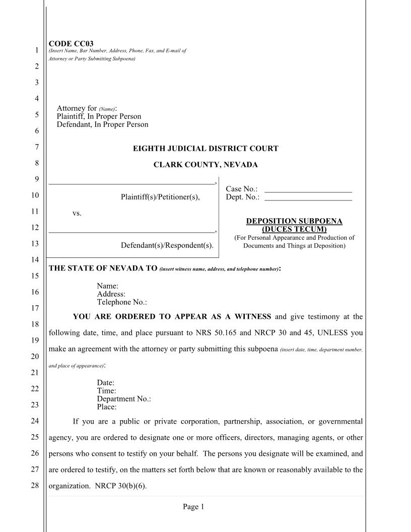 Deposition Subpoena (Duces Tecum) | Pdf Fpdf Docx | Nevada