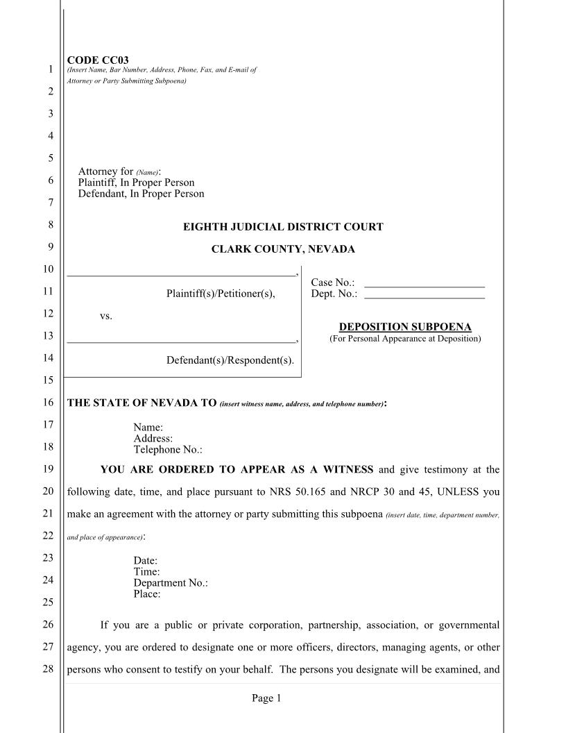 Deposition Subpoena | Pdf Fpdf Docx | Nevada