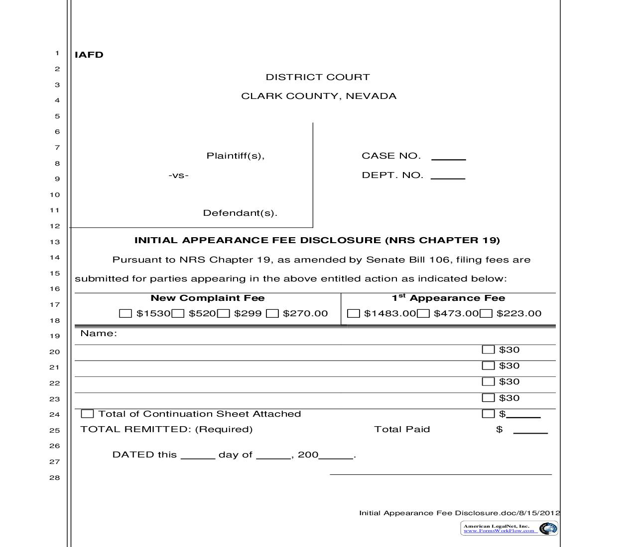Initial Appearance Fee Disclosure {IAFD} | Pdf Fpdf Doc Docx | Nevada