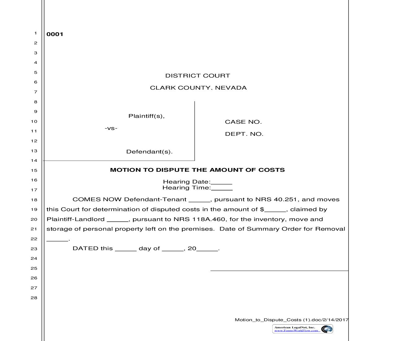 Motion To Dispute The Amount Of Costs | Pdf Fpdf Doc Docx | Nevada