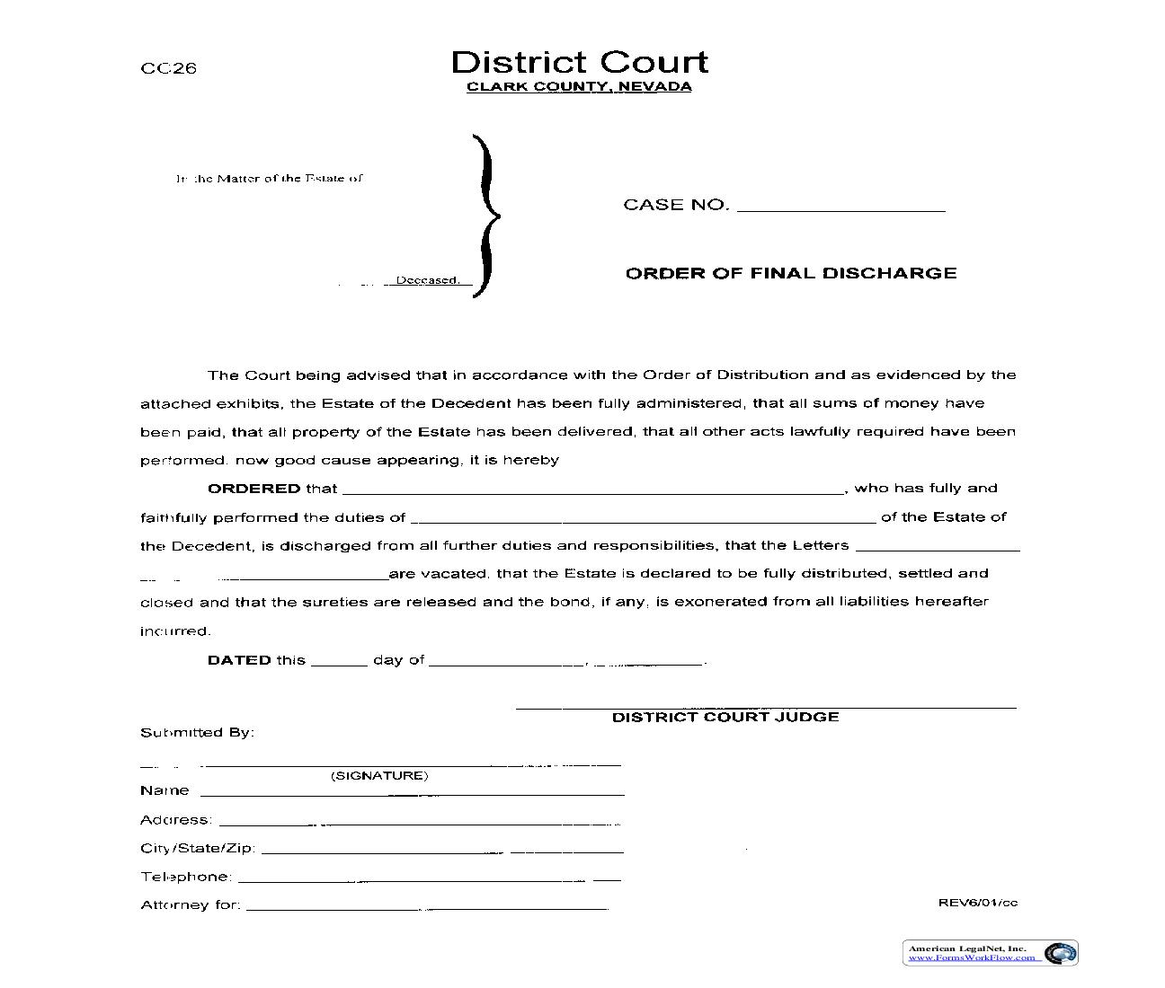 Order Of Final Discharge {CC26} | Pdf Fpdf Doc Docx | Nevada