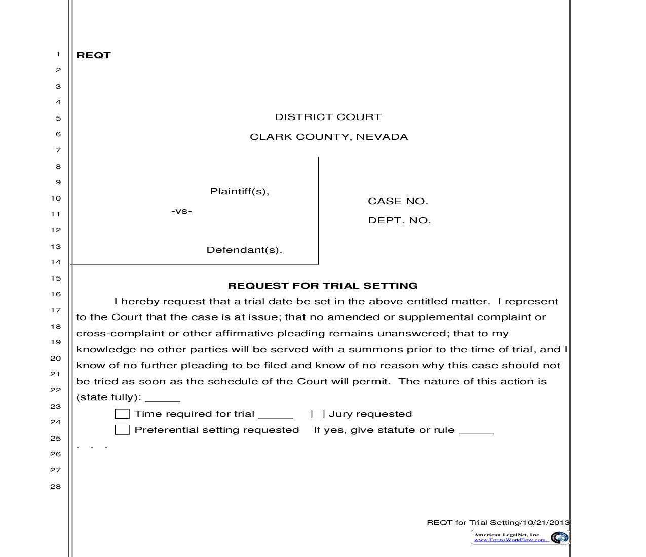 Request For Trial Setting | Pdf Fpdf Doc Docx | Nevada