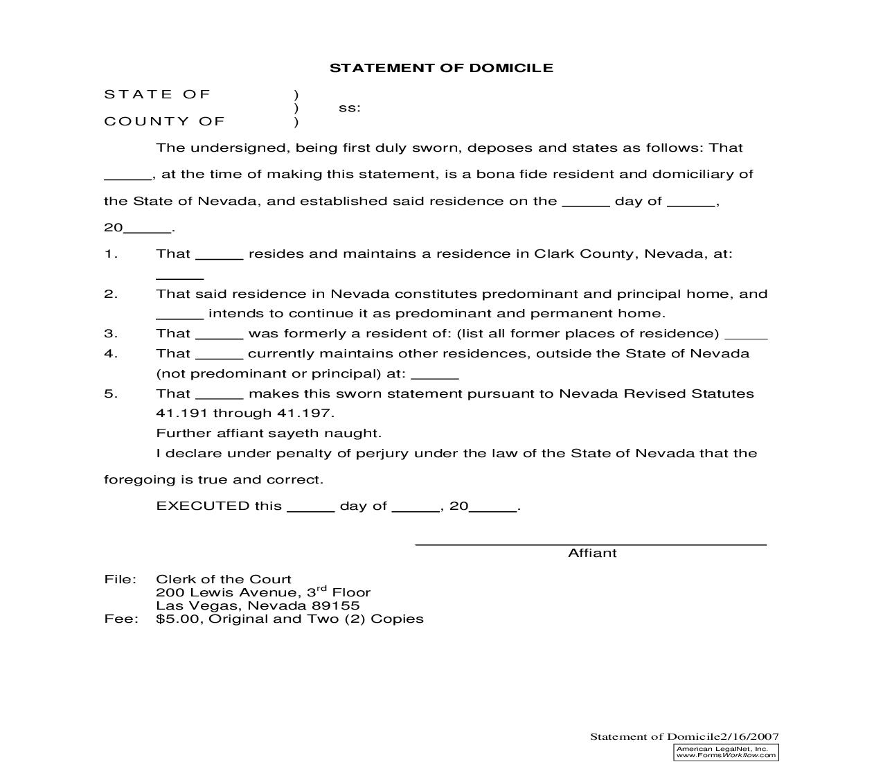 Statement Of Domicile | Pdf Fpdf Doc Docx | Nevada